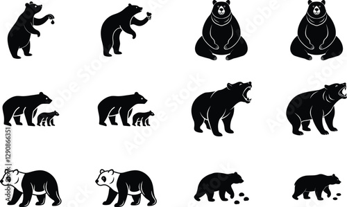 Black Bear Silhouettes Cubs, Parents, Panda, Sitting, Roaring