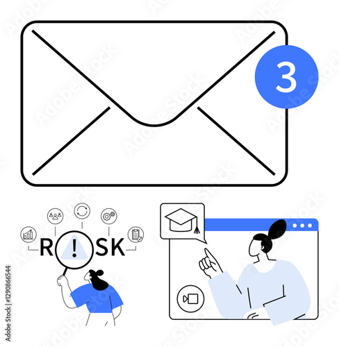 Large envelope with notification badge, woman analyzing risks, and online learning interface. Ideal for messaging, alerts, education, research, cybersecurity, business technology abstract line flat