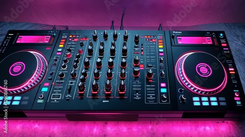 DJ mixer, controls adjusted on table; stage lighting background. Use music, night club, concert