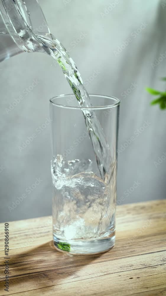 fresh clean water pouring into a glass on sunny wooden kitchen tabletop and gray wall background, slow motion fresh clean water pouring into a glass on sunny wooden kitchen tabletop and gray wall background, slow motion
