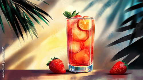 A chilled cocktail with fresh strawberries slices and under the shade of palm trees.