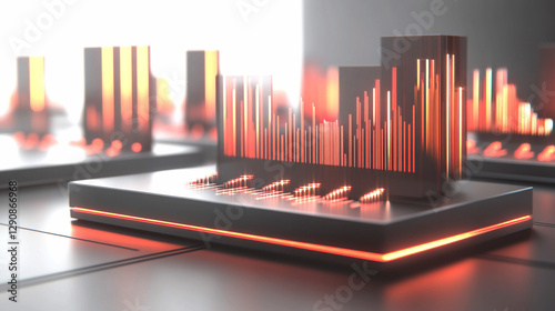 Abstract 3D Data Visualization with Neon Orange and Red Lines on Gray Metallic Platform
