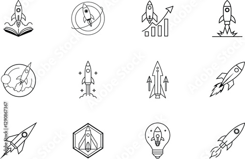 Twelve Rocket Launch Icons Startup, Growth, Innovation, Success