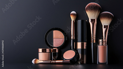 A sleek arrangement of makeup products and brushes against a dark background, showcasing elegance and beauty essentials.