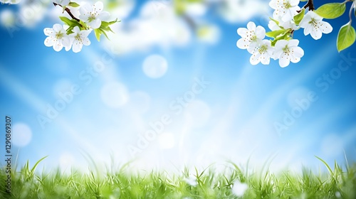 White Blossoms and Green Grass on a Sunny Spring Day