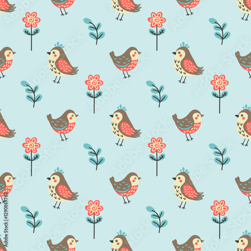 Spring birds and flowers. Seamless vector pattern