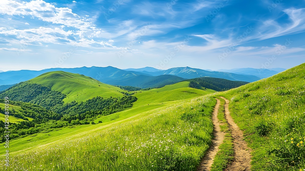 Fototapeta premium Scenic mountain path, green hills, summer day