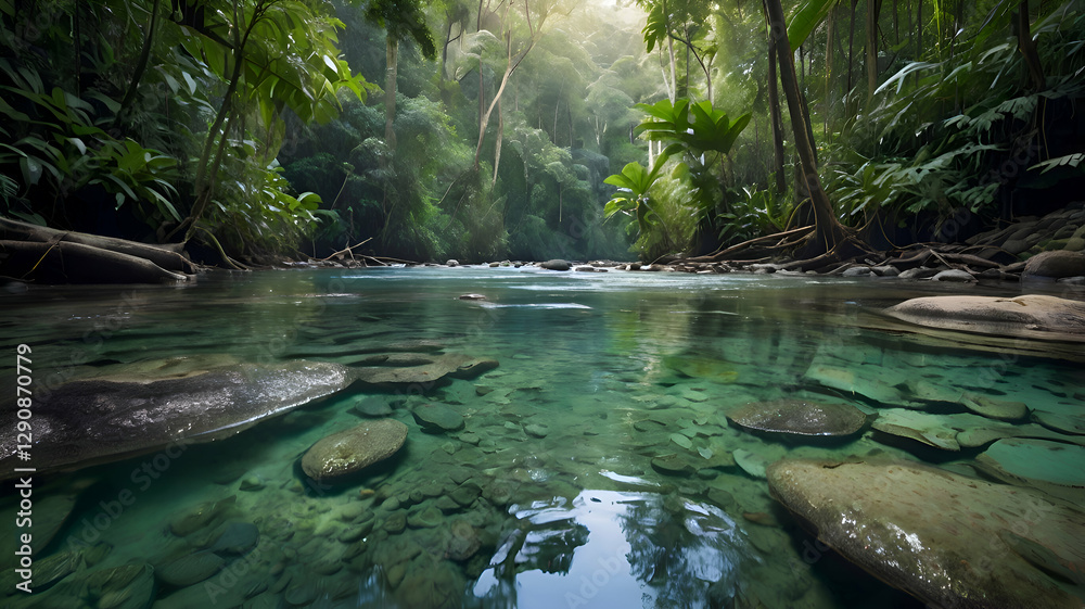 Naklejka premium waterfall in the jungle, waterfall in the forest, river flowing gently through the rainforest, clear water reflecting the trees, peaceful atmosphere