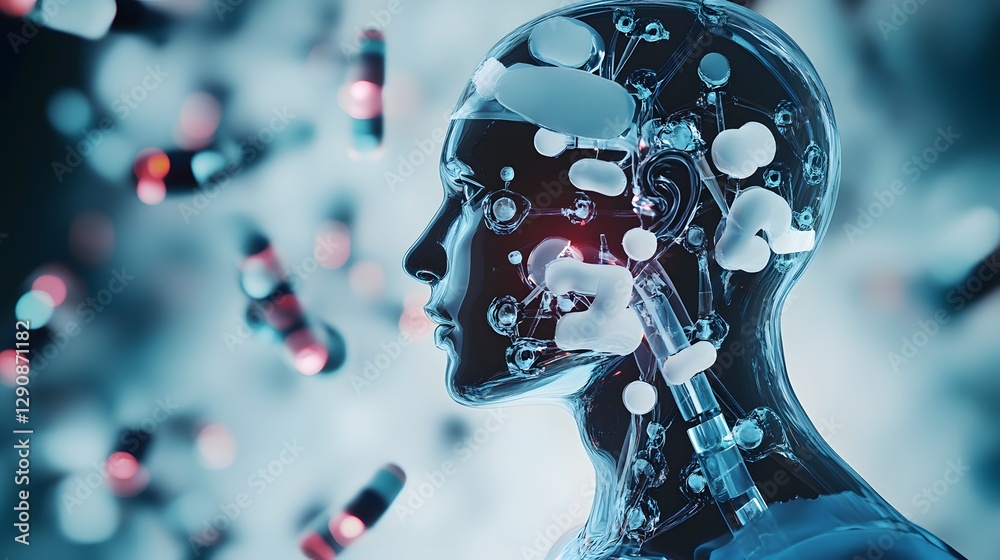 Robot head with glass fragments showcasing artificial intelligence in healthcare magazine photography Robot head with glass fragments showcasing artificial intelligence in healthcare magazine photography