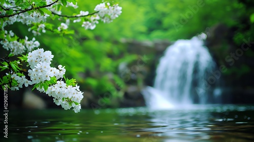 White Blossoms Near a Waterfall in Lush Green Forest