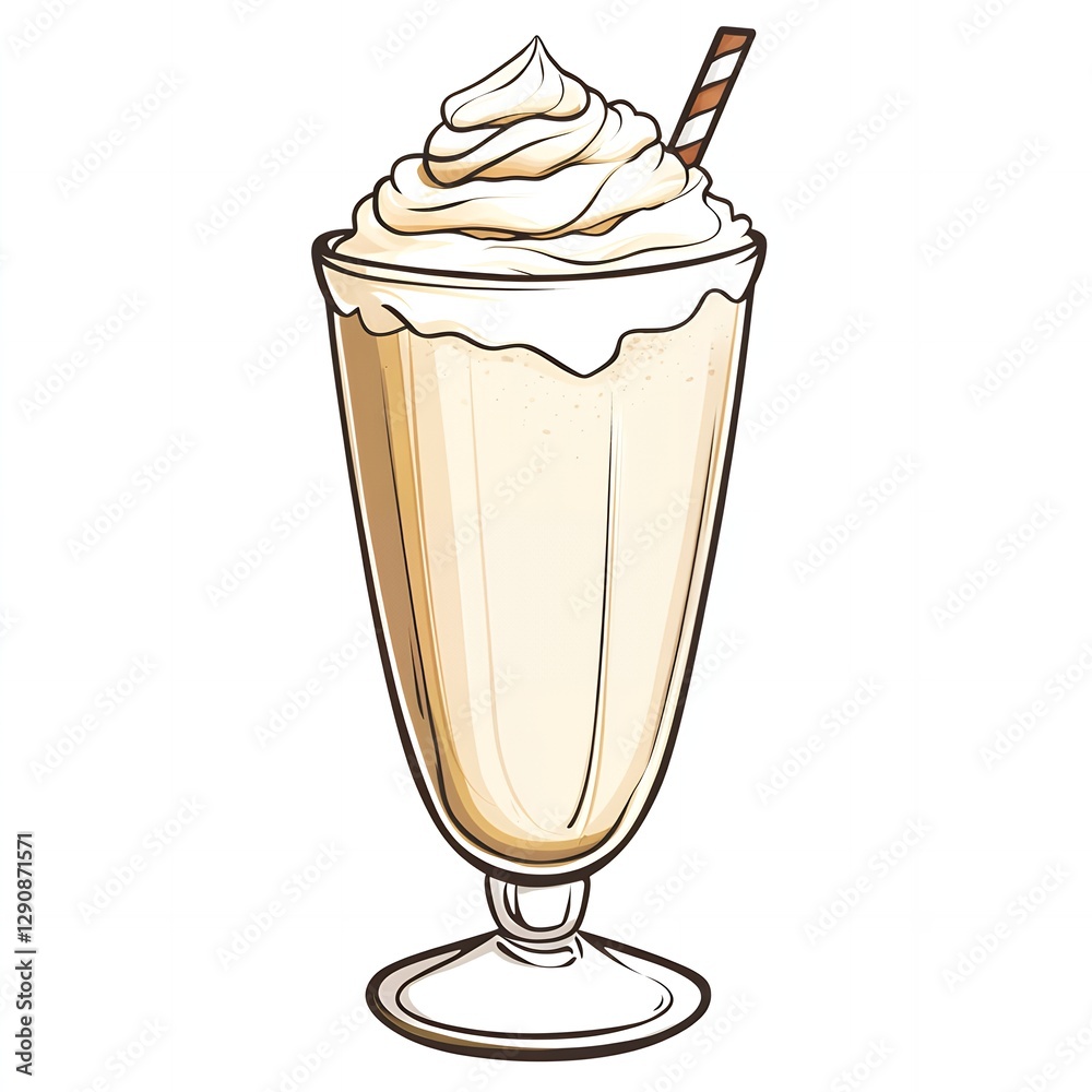 Creamy Vanilla Milkshake in Tall Glass with Whipped Cream and Straw Delicious Dessert Drink Creamy Vanilla Milkshake in Tall Glass with Whipped Cream and Straw Delicious Dessert Drink