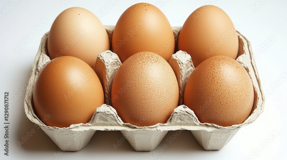 Six brown eggs in carton on white with clipping Generative Ai Six brown eggs in carton on white with clipping Generative Ai