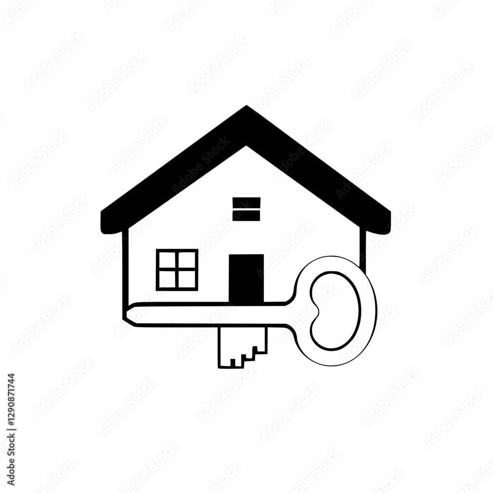 Black and White House Icon with a Key, Illustrating Real Estate, Homeownership, and Property, in minimalist style. Black and White House Icon with a Key, Illustrating Real Estate, Homeownership, and Property, in minimalist style.