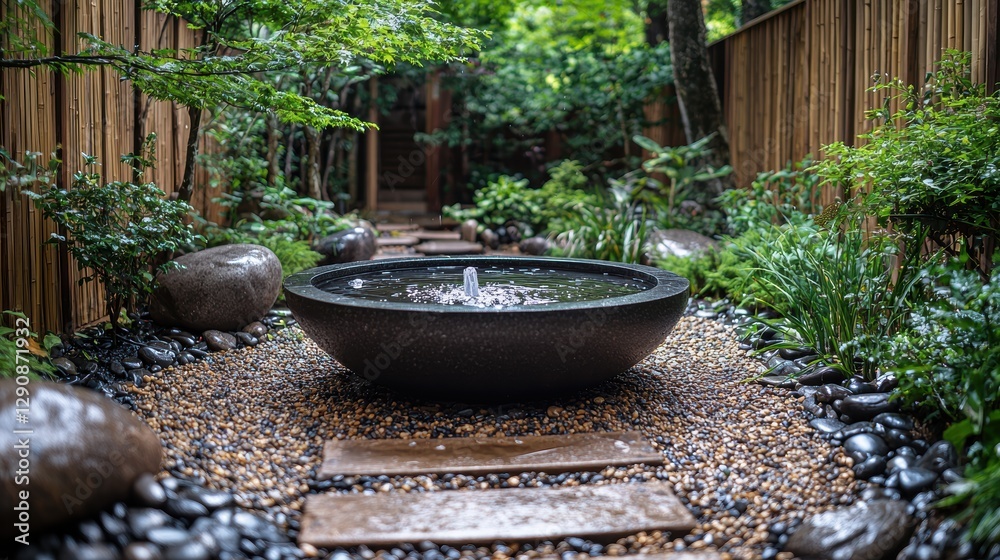 Tranquil garden with water feature and lush greenery. Tranquil garden with water feature and lush greenery.