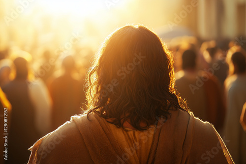 A moment of divine purpose—Jesus stands before the people, bathed in golden light, carrying wisdom and love to all who seek it.