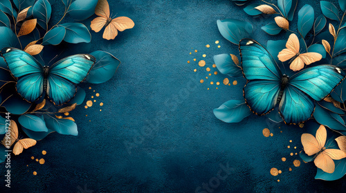 Elegant decorative composition in blue and gold colors with flowers and butterflies. Copy space.