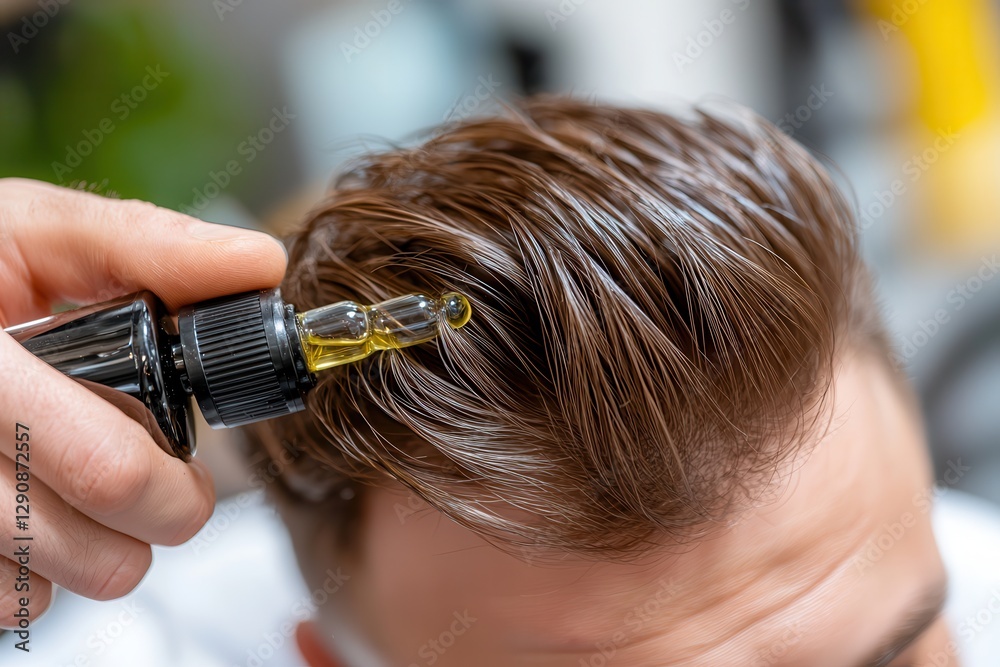 Fototapeta premium Regrowth treatment for hair loss Applying hair serum to styled hair for a healthy look.