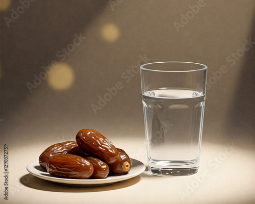 A simple still life composition featuring a bowl of dates and a glass of water with ice cubes, representing a traditional iftar meal during Ramadan, the arrangement is set against a clean white backgr