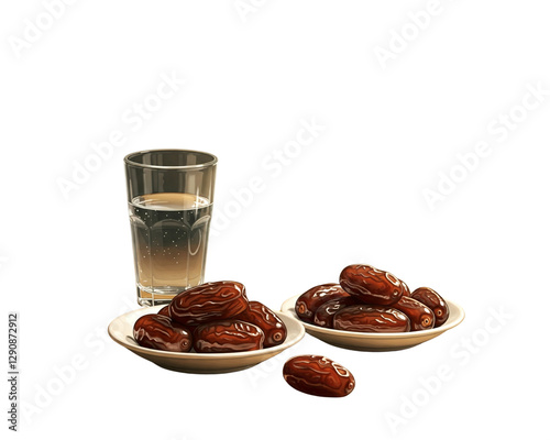 A simple still life composition featuring a bowl of dates and a glass of water with ice cubes, representing a traditional iftar meal during Ramadan, the arrangement is set against a clean white backgr
