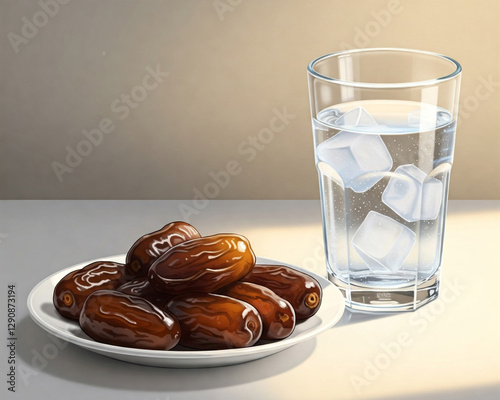 A simple still life composition featuring a bowl of dates and a glass of water with ice cubes, representing a traditional iftar meal during Ramadan, the arrangement is set against a clean white backgr