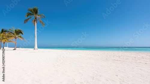 Tropical beach scene with palm trees, pristine white sand, and azure water. Suitable for travel, tourism, or relaxation promotion photo