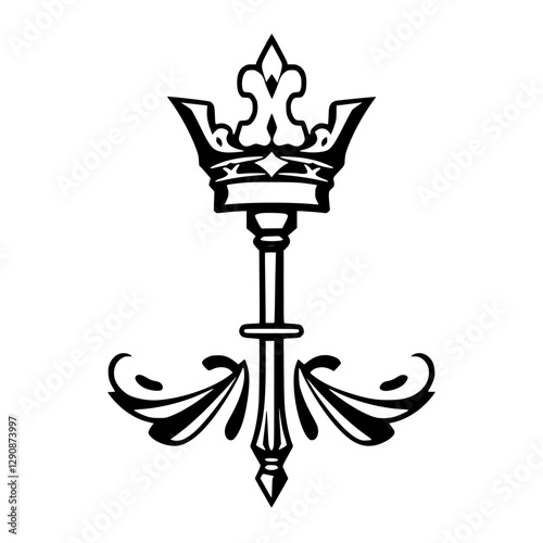 Black and White Vector Graphic: Crown and Mace Fusion with Flourishes on White