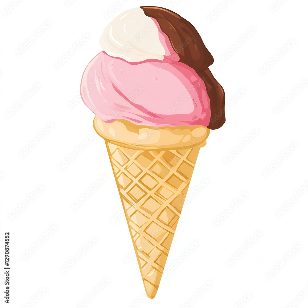 Delicious Triple Scoop Ice Cream Cone Strawberry Vanilla Chocolate Sweet Treat Summer Dessert Delicious Triple Scoop Ice Cream Cone Strawberry Vanilla Chocolate Sweet Treat Summer Dessert