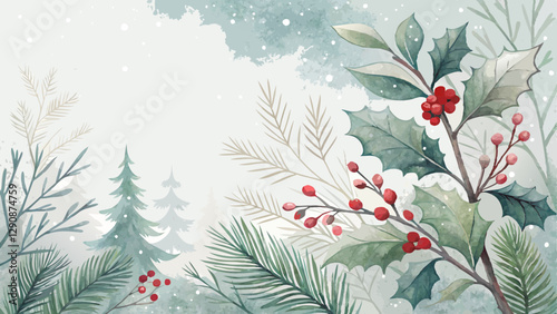 Watercolor winter foliage background, subtle hints of holly and evergreens with soft whites and greens, calm and seasonal with copy space  