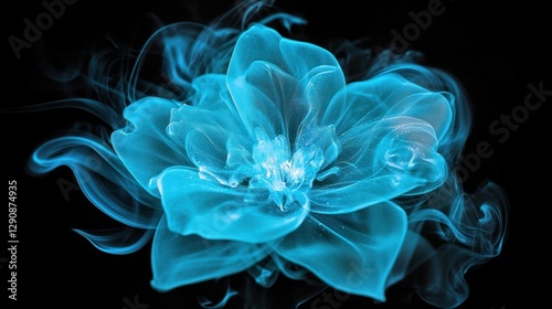 Blue smoke flower abstract art, dark background, design element