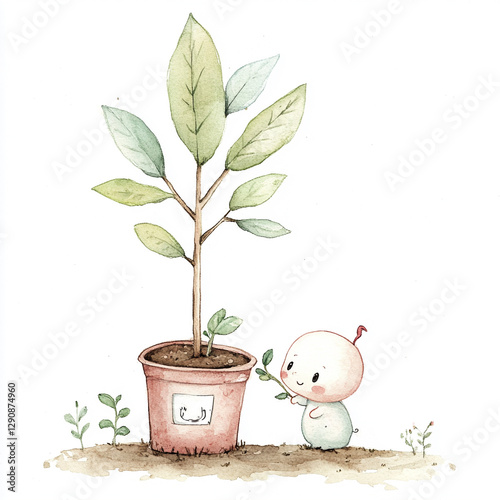 Minimal Isolated Scene of a Person Planting a Tree in Their Backyard Emphasizing Nature Growth and Environmental Care in a Simple and Clean Setting