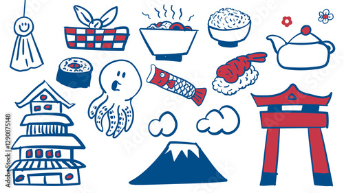 Canvas Print Japanese doodle png element set, transparent background