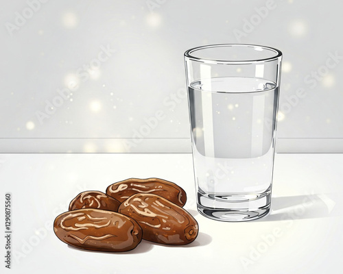 A simple still life composition featuring a bowl of dates and a glass of water