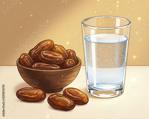 traditional iftar meal during Ramadan, the arrangement is set against a clean white background, highlighting the natural textures and colors of the dates and the refreshing appeal of the cool water.