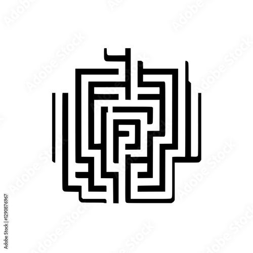 Black and white minimalist maze, a stylized labyrinth on a white background.