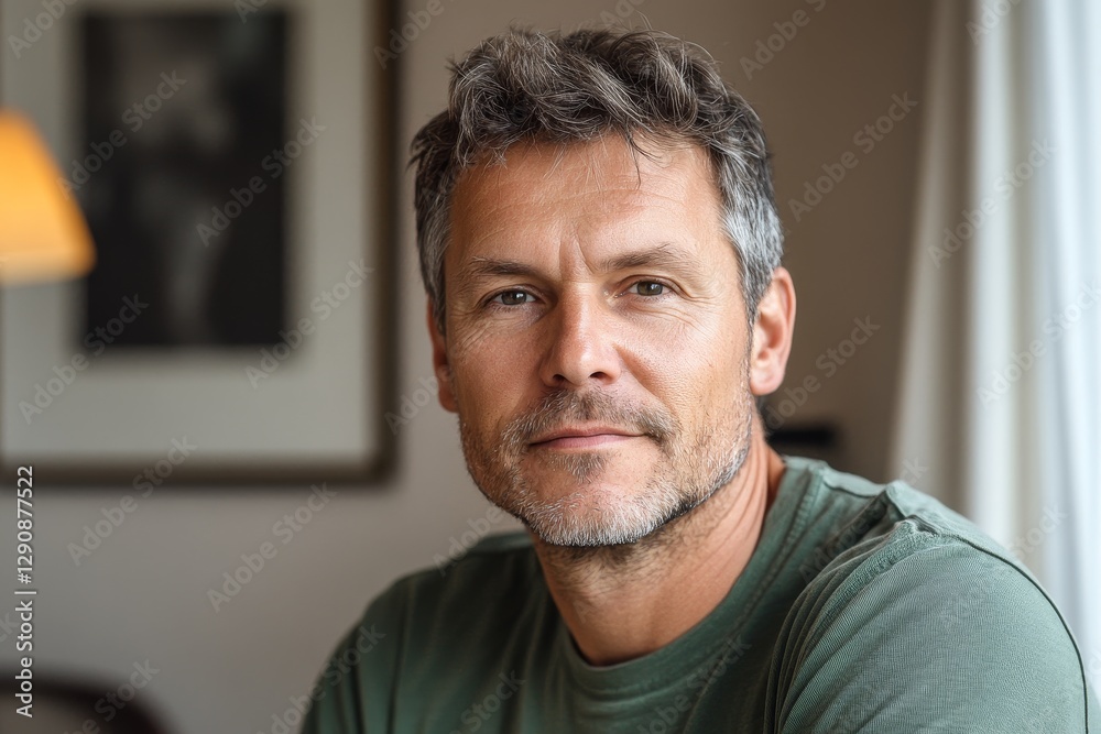 portrait of middle aged Scandinavian man in green t-shirt at home, lifestyle portrait of middle aged Scandinavian man in green t-shirt at home, lifestyle