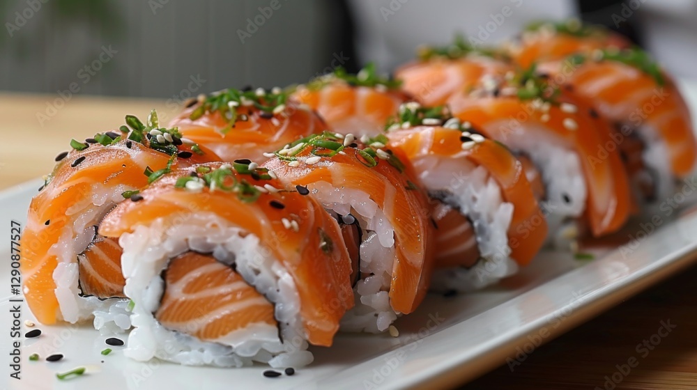 Delicious sushi rolls filled with rice and fish are beautifully arranged on a white plate, garnished with green herbs and black sesame seeds, ready to enjoy during a relaxing lunch. Delicious sushi rolls filled with rice and fish are beautifully arranged on a white plate, garnished with green herbs and black sesame seeds, ready to enjoy during a relaxing lunch.