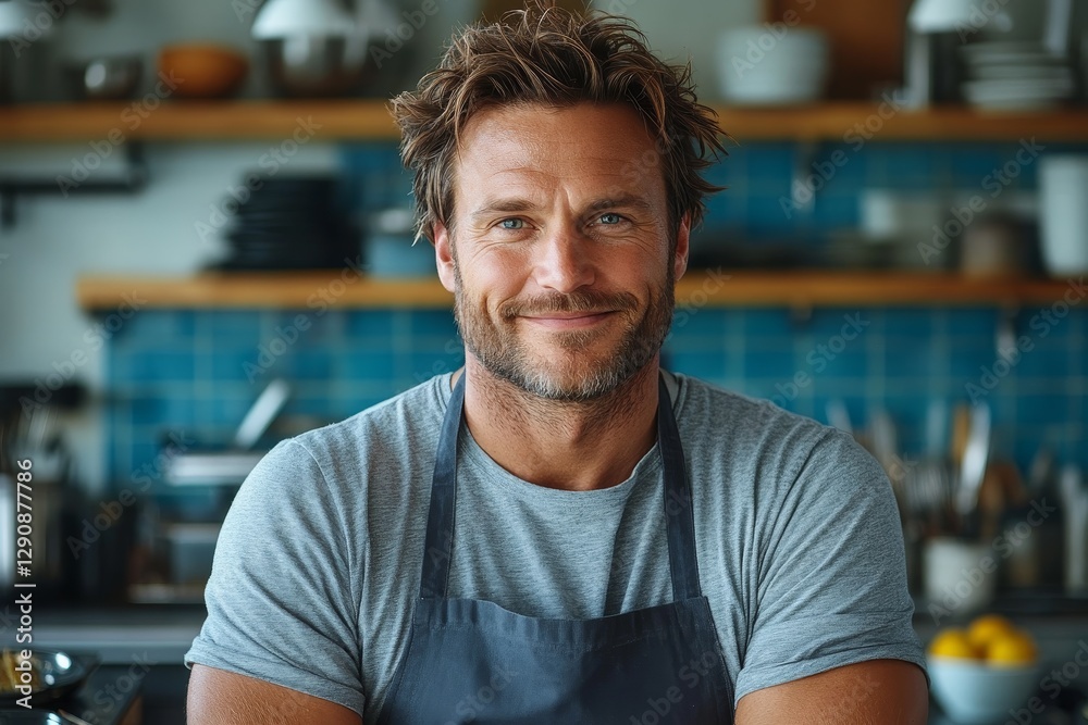 portrait of 40 years old soft smiling handsome man in grey t-shirt and apron at kitchen, chef, professional