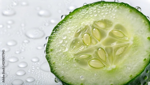 Fresh Cucumber Slice with Water Droplets: A macro shot reveals a cross-section of a vibrant cucumber slice glistening with refreshing water droplets, capturing freshness and natural textures.