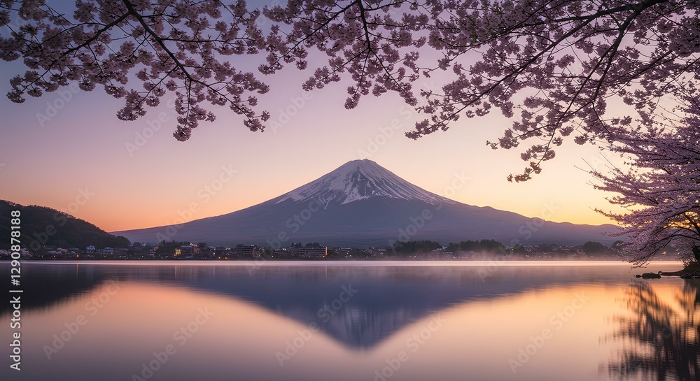 春の富士山と桜、湖面への美しい映り込み 春の富士山と桜、湖面への美しい映り込み