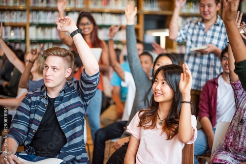 Fotografía Diverse group of students in a library raising hands