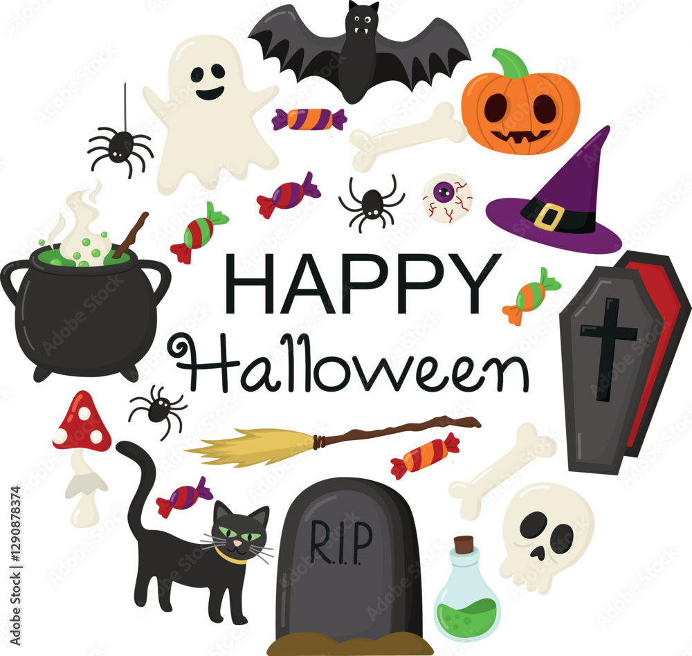Fototapeta premium Spooky Halloween elements in circle form and with the inscription. Colorful Happy Halloween round banner 