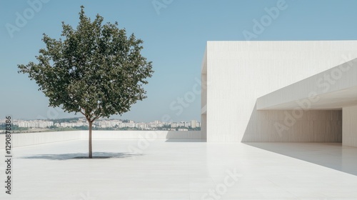 Minimalist white architectural building with a tree, city view, sunny day photo