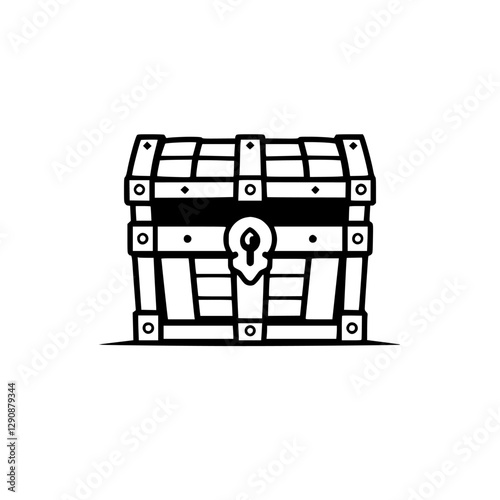 Detailed black-and-white line art illustration of a wooden treasure chest with a keyhole.