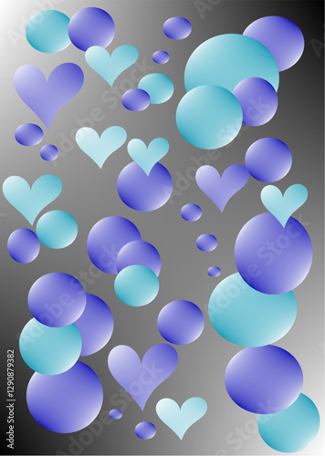 Modern bubbles and hearts abstract wall poster design with purple and green blue and grey color gradients. Wall paper, poster, Billboard, template background design