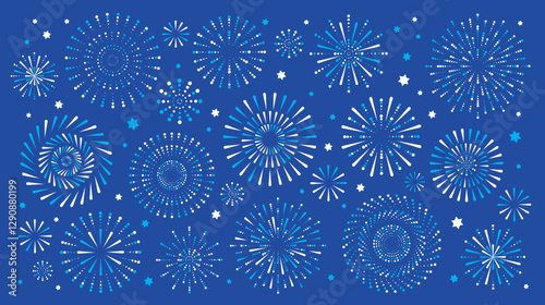 Israel Independence background with fireworks and confetti. Isolated objects on a blue background. Vector illustration. Design elements for posters, banners, and greeting cards.
