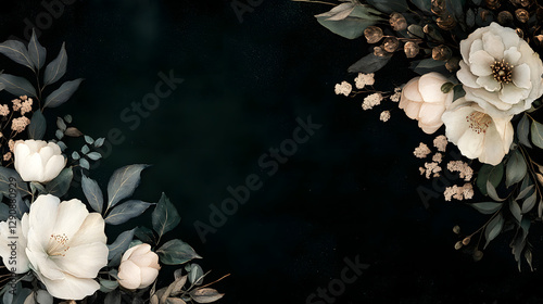 Fototapeta Naklejka Na Ścianę i Meble -  An elegant floral arrangement featuring white flowers and delicate foliage on a dark, moody background.
