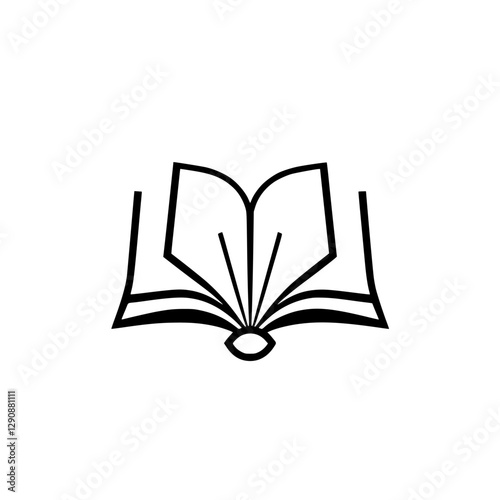 Symbolic illustration of an opened book in black lines, with a white background, minimalistic design.