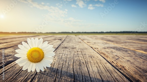 White Daisy on Rustic Wooden Planks in Sunny Field