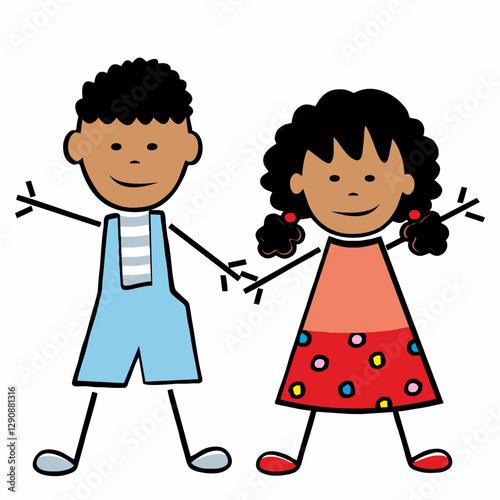 Two african children, girl and boy, vector illustration of little kids
