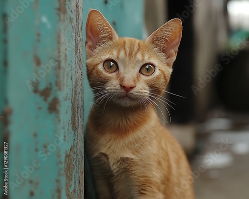 An orange tabby cat is resting against a blue wall